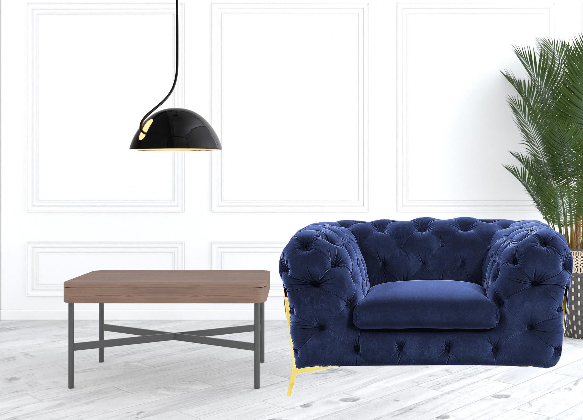 50" Blue Tufted Velvet And Gold Solid Color Lounge Chair By Homeroots | Armchairs | Modishstore - 4