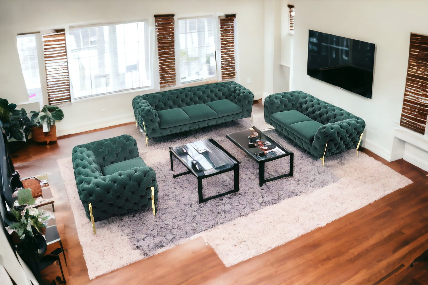 Three Piece Green Velvet Six Person Seating Set By Homeroots | Sofa Set | Modishstore - 3