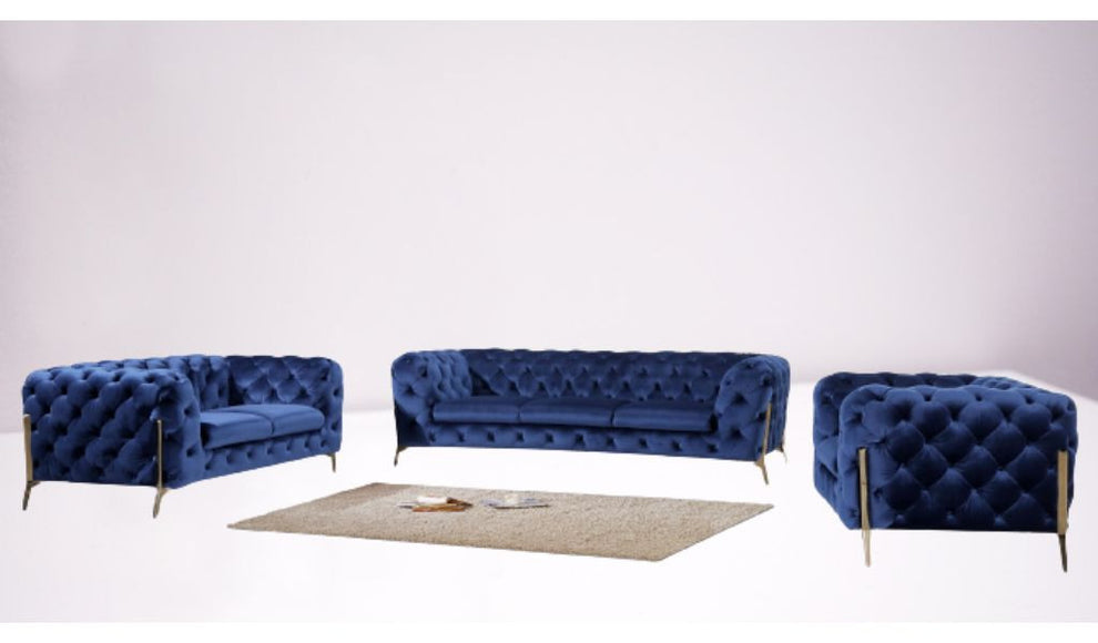 Three Piece Blue Velvet Six Person Seating Set By Homeroots | Sofa Set | Modishstore - 6