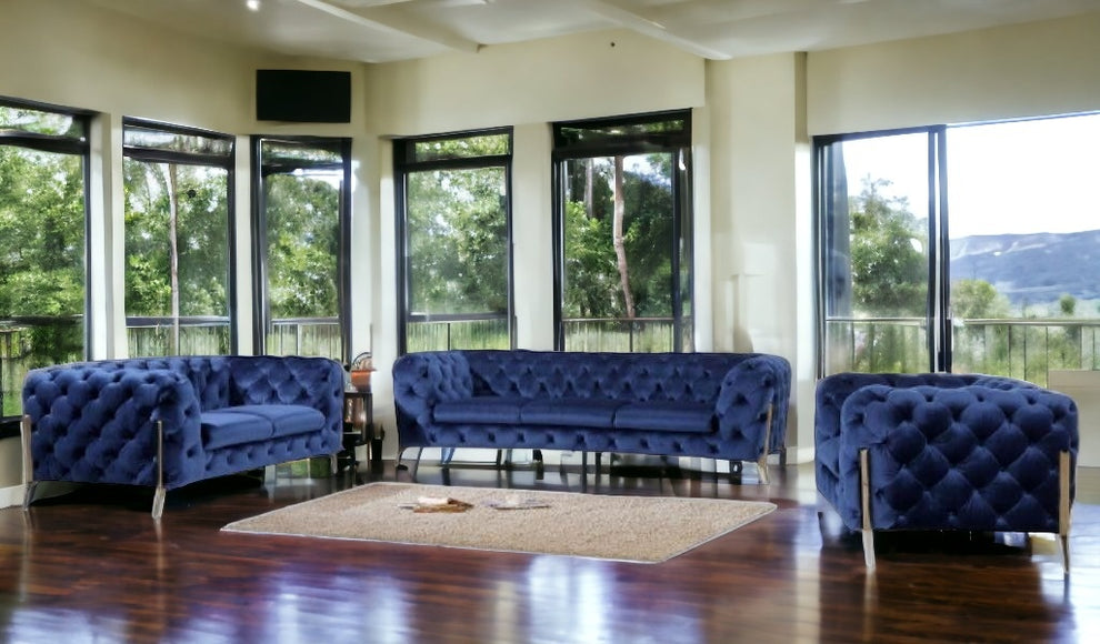 Three Piece Blue Velvet Six Person Seating Set By Homeroots | Sofa Set | Modishstore - 3