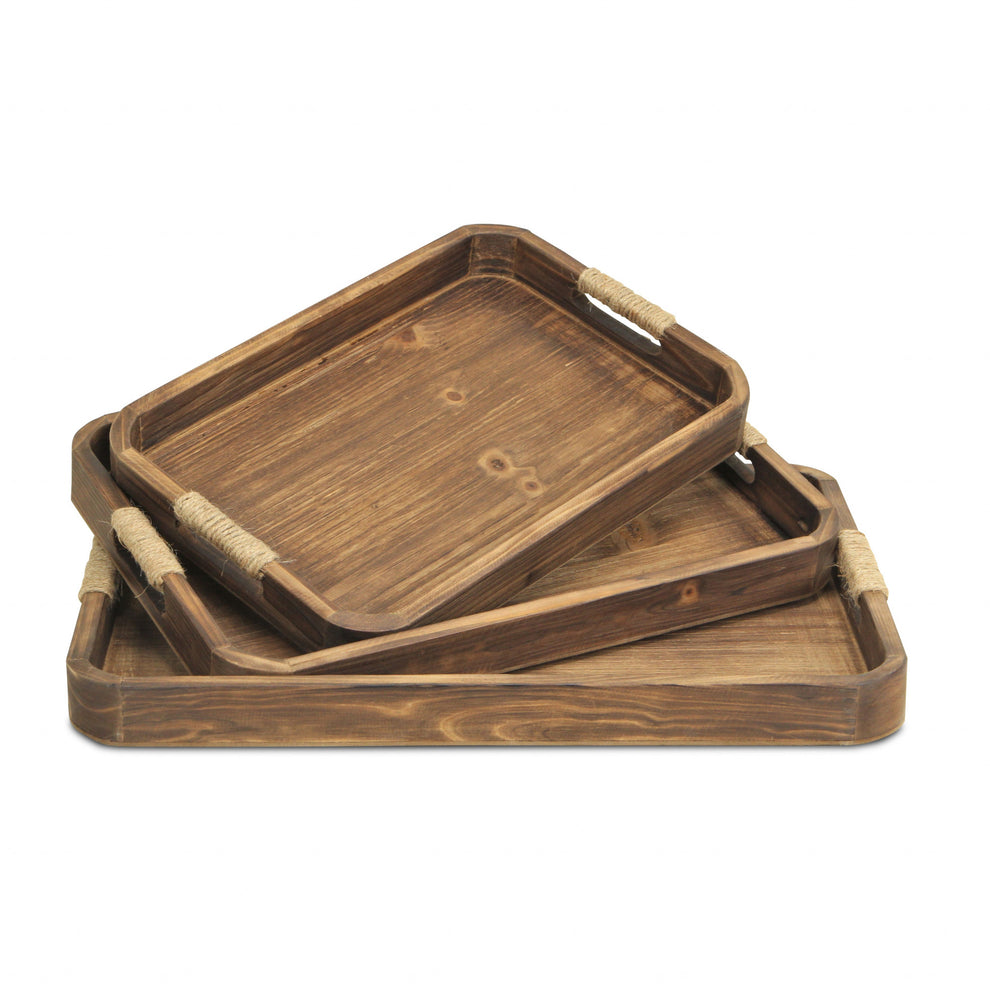 20" Brown Rectangular Wood Handmade Tray With Handles By Homeroots | Trays | Modishstore - 2