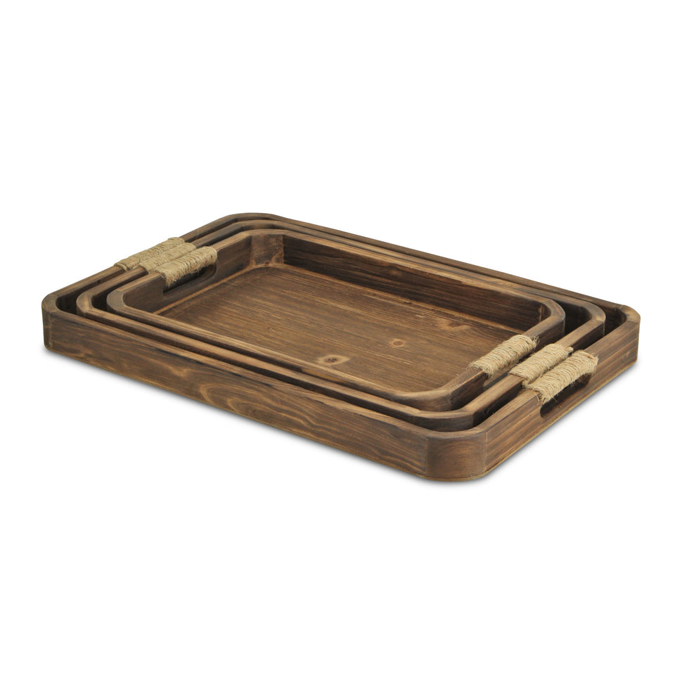 20" Brown Rectangular Wood Handmade Tray With Handles By Homeroots | Trays | Modishstore - 4