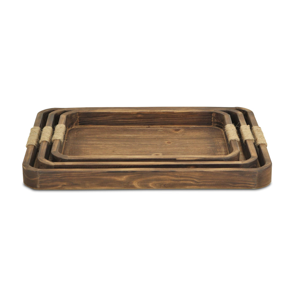 20" Brown Rectangular Wood Handmade Tray With Handles By Homeroots | Trays | Modishstore - 5