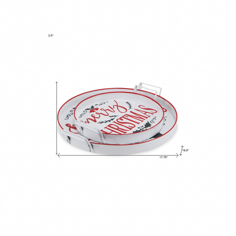 18" White Round Metal Christmas Handmade Tray With Handles By Homeroots | Trays | Modishstore - 4