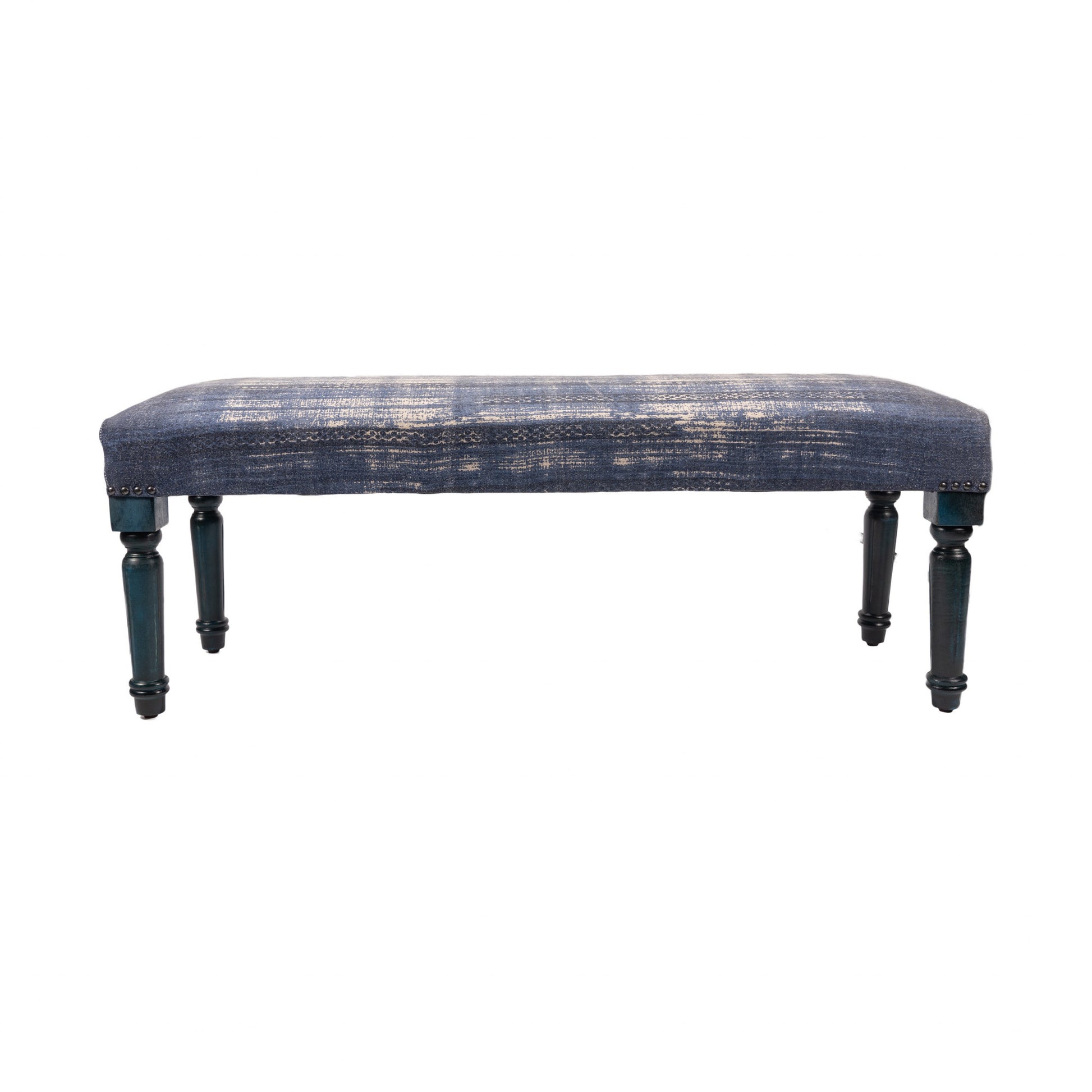 47" Blue And Cream Abstract Design Blue Leg Upholstered Bench By Homeroots | Benches | Modishstore - 4