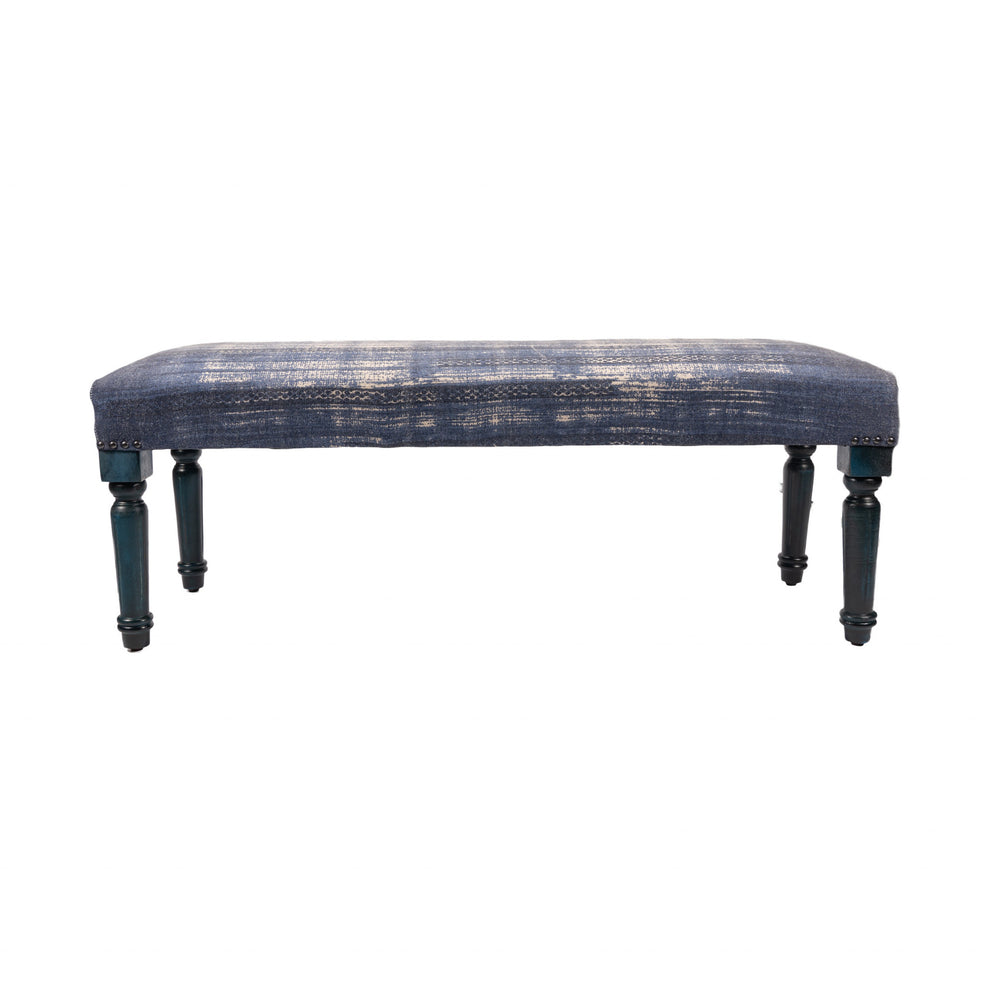 47" Blue And Cream Abstract Design Blue Leg Upholstered Bench By Homeroots | Benches | Modishstore - 4