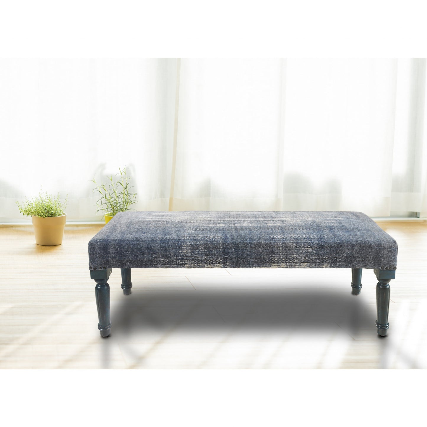 47" Blue And Cream Abstract Design Blue Leg Upholstered Bench By Homeroots