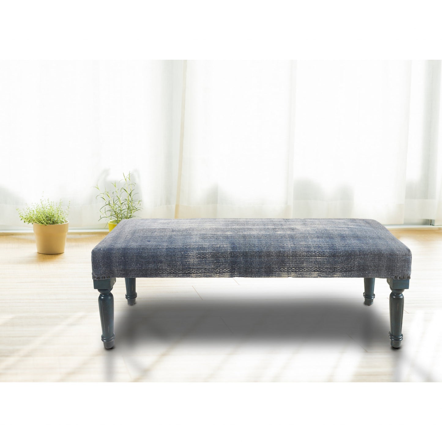 47" Blue And Cream Abstract Design Blue Leg Upholstered Bench By Homeroots | Benches | Modishstore - 6