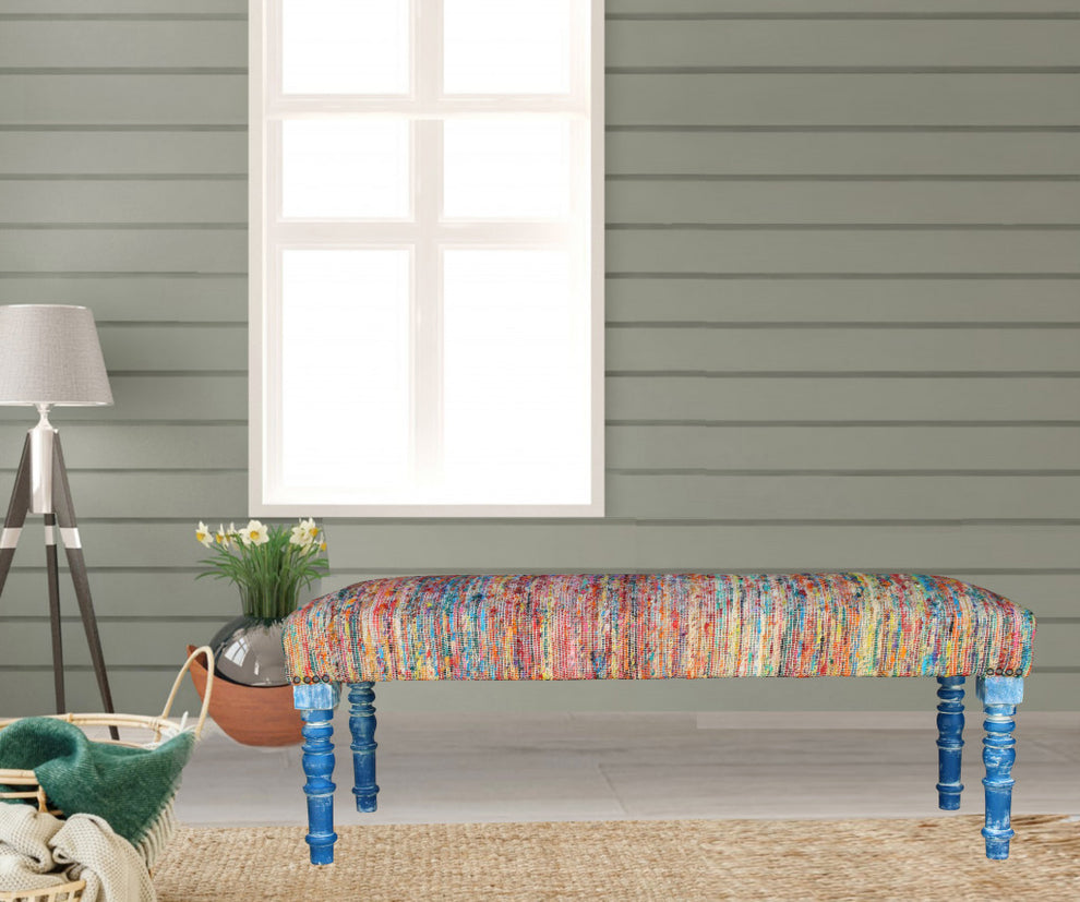 47" Rainbow Stripe Blue Leg Upholstered Bench By Homeroots | Benches | Modishstore - 6