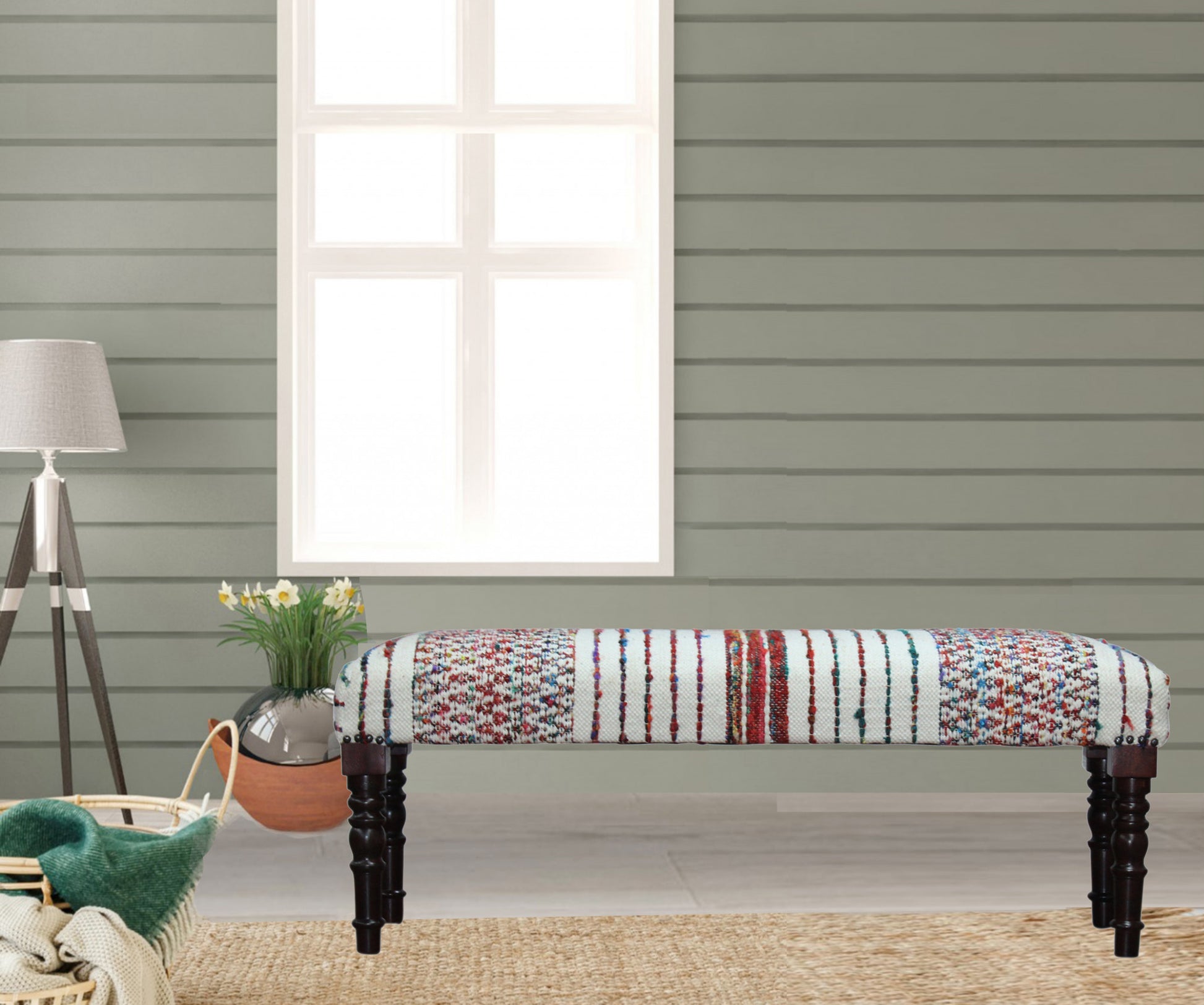 47" Ivory Red and Pink Black Leg Chevron Stripe Upholstered Bench By Homeroots | Benches | Modishstore - 7