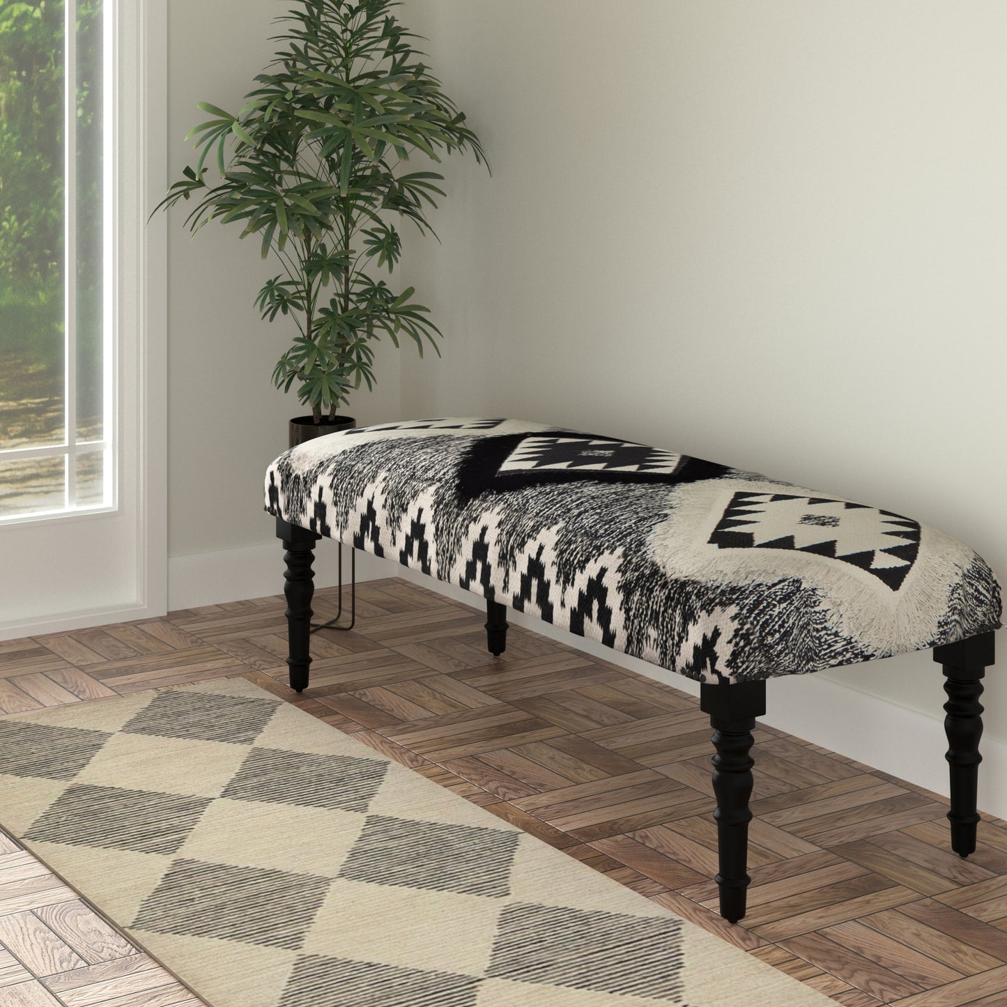 47" Black And White Black Leg Southwest Upholstered Bench By Homeroots | Benches | Modishstore