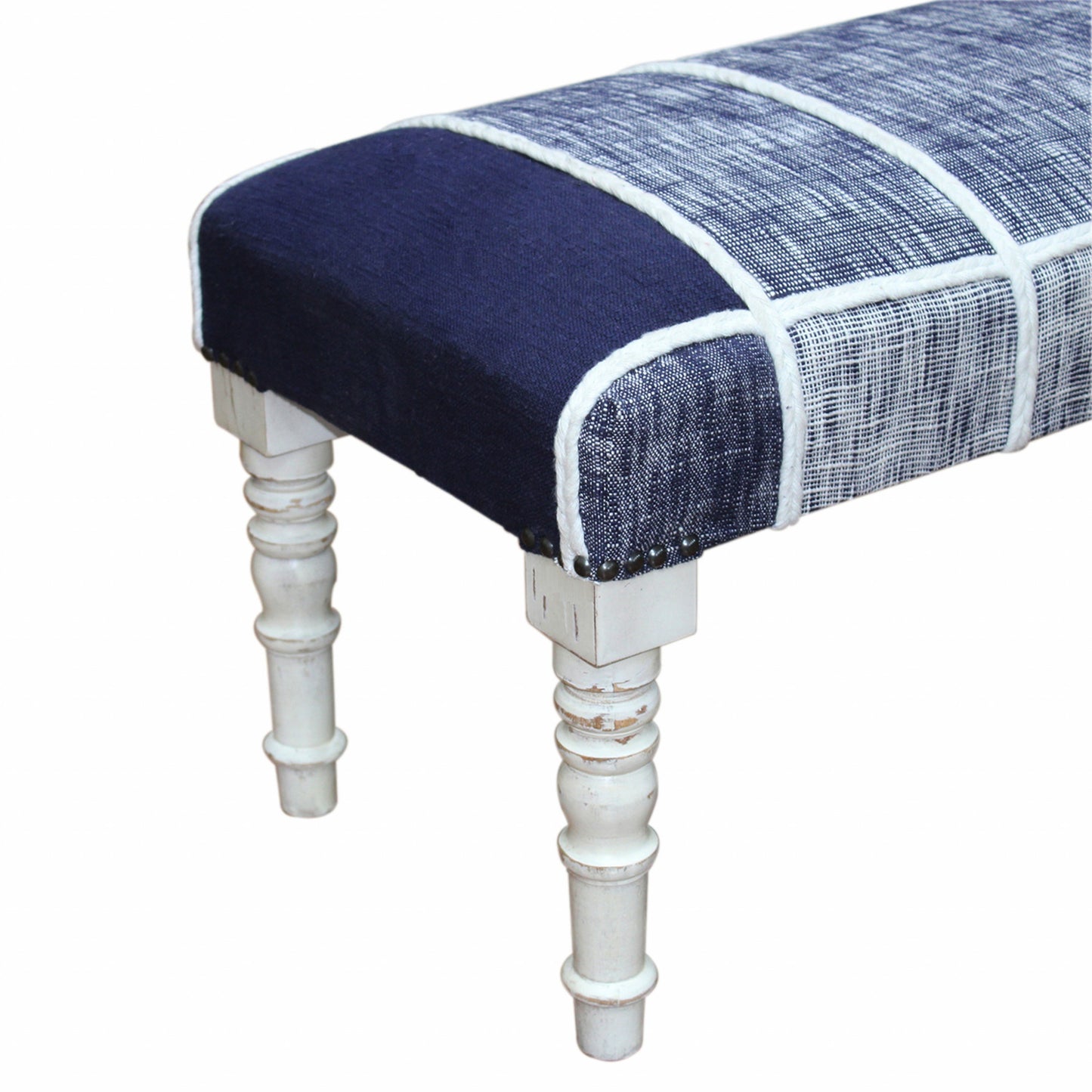 47" Blue And Gray Textural White Leg Upholstered Bench By Homeroots | Benches | Modishstore - 5
