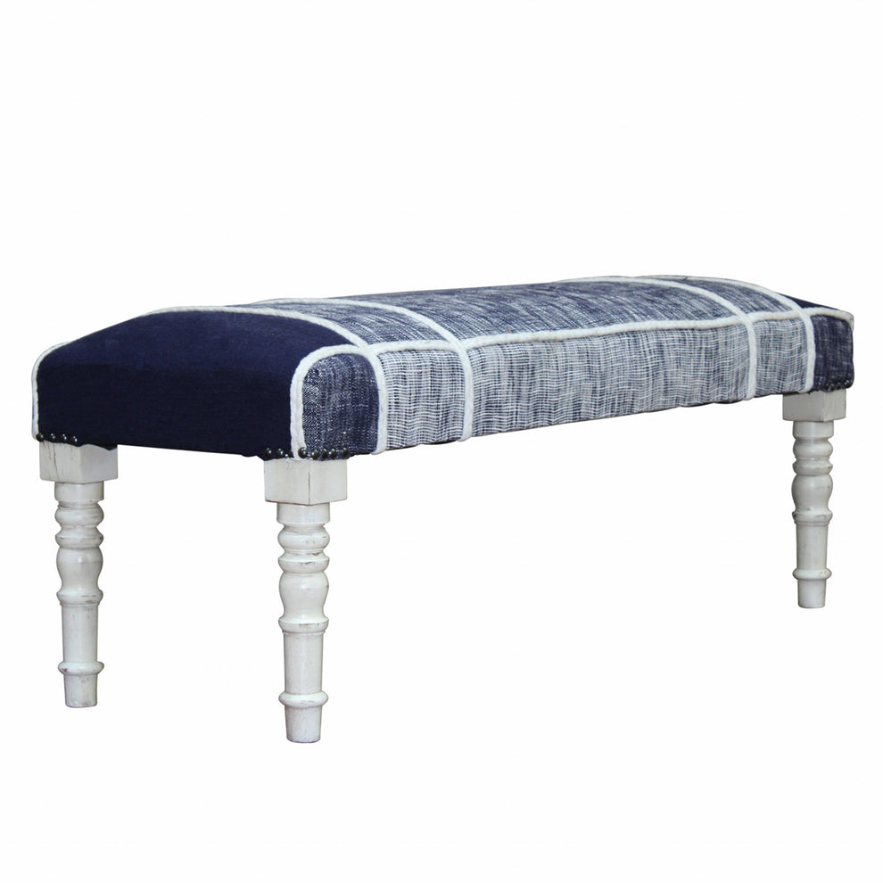 47" Blue And Gray Textural White Leg Upholstered Bench By Homeroots | Benches | Modishstore - 4