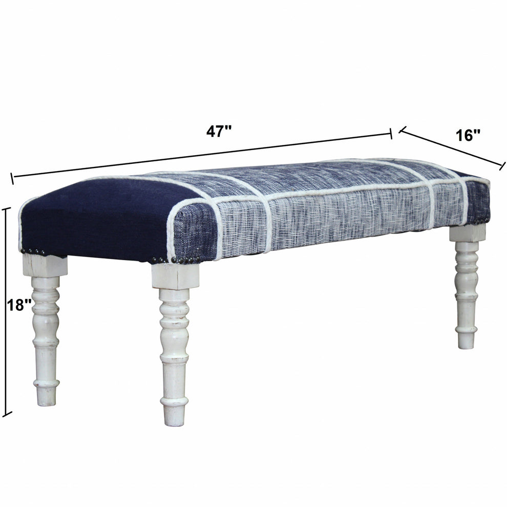 47" Blue And Gray Textural White Leg Upholstered Bench By Homeroots | Benches | Modishstore - 8