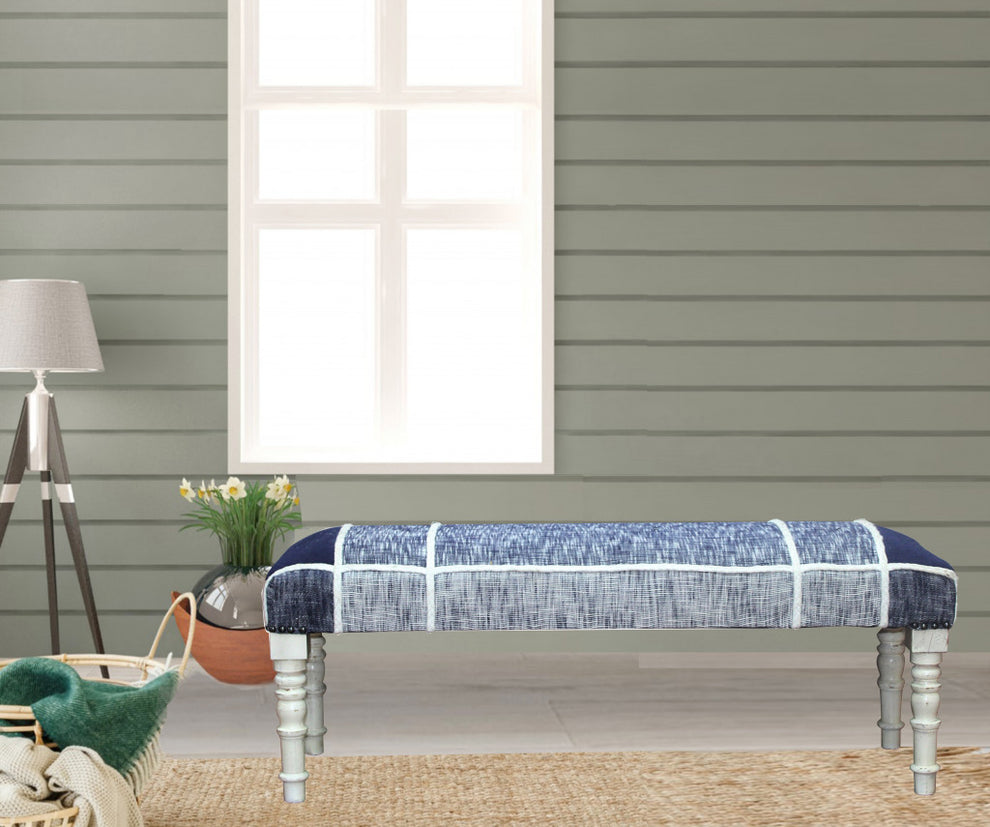 47" Blue And Gray Textural White Leg Upholstered Bench By Homeroots | Benches | Modishstore - 7