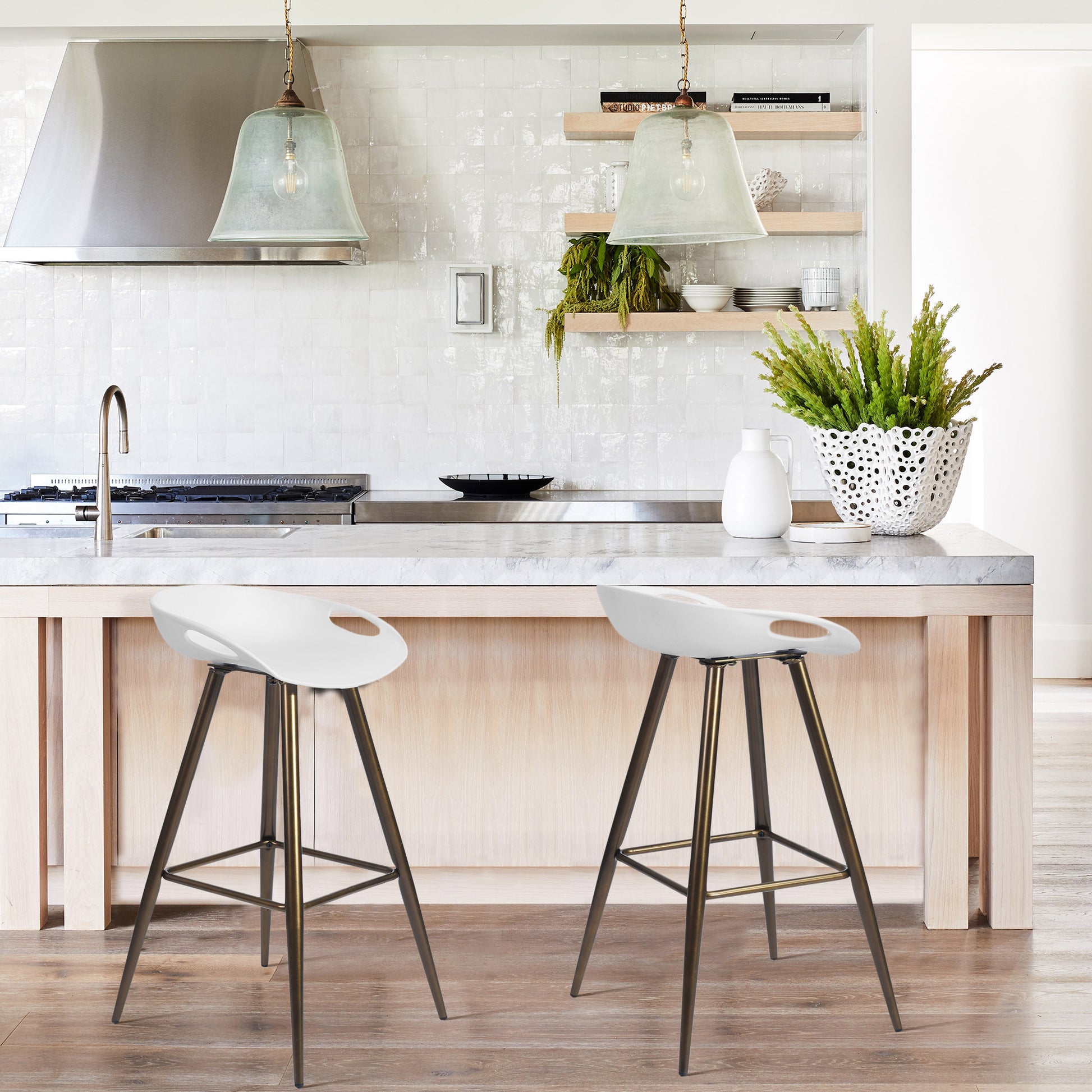 Set Of Two 32" White And Bronze Steel Low Back Bar Height Bar Chairs With Footrest By Homeroots | Bar Stools | Modishstore - 7