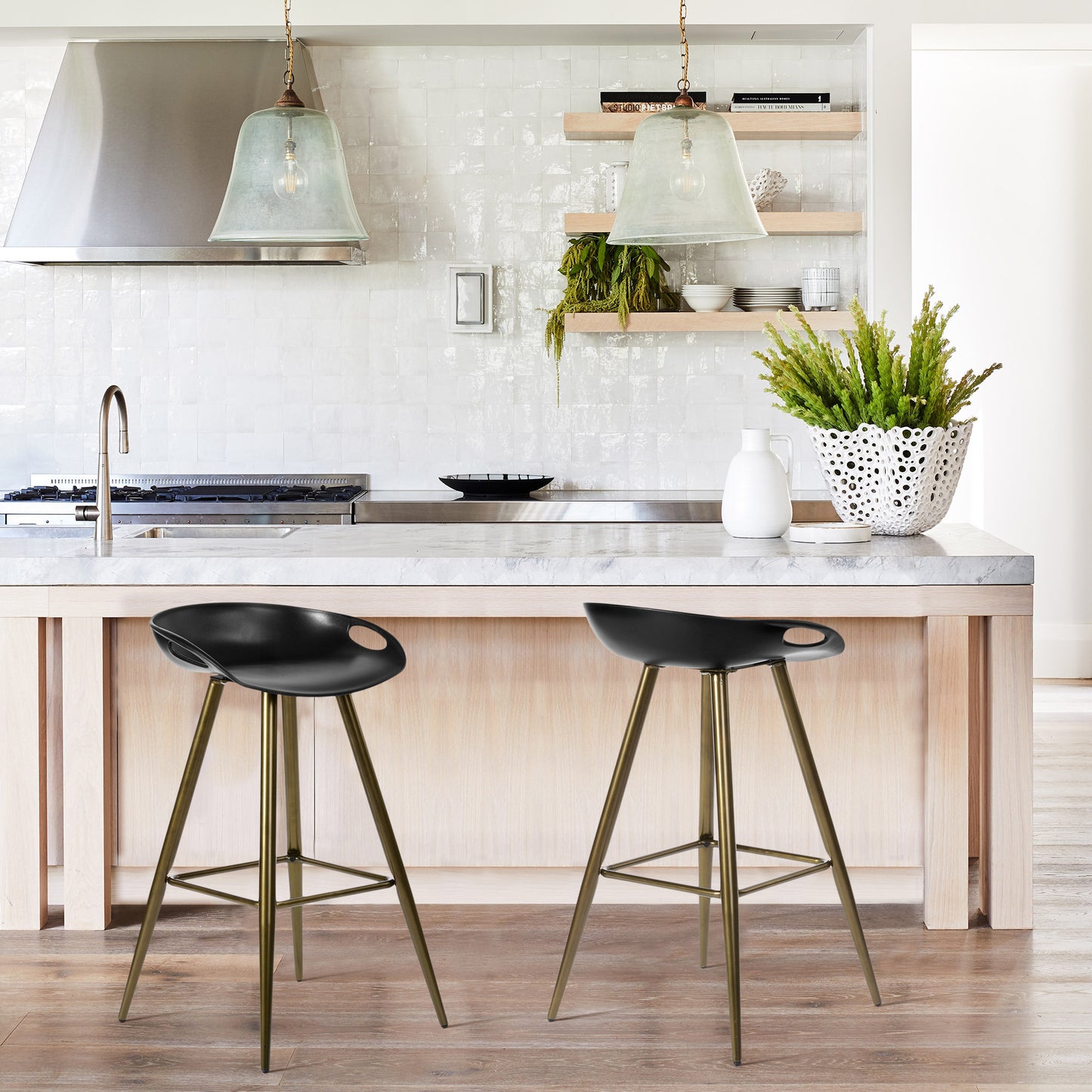 Set Of Two 32" Black And Bronze Steel Low Back Bar Height Bar Chairs With Footrest By Homeroots | Bar Stools | Modishstore