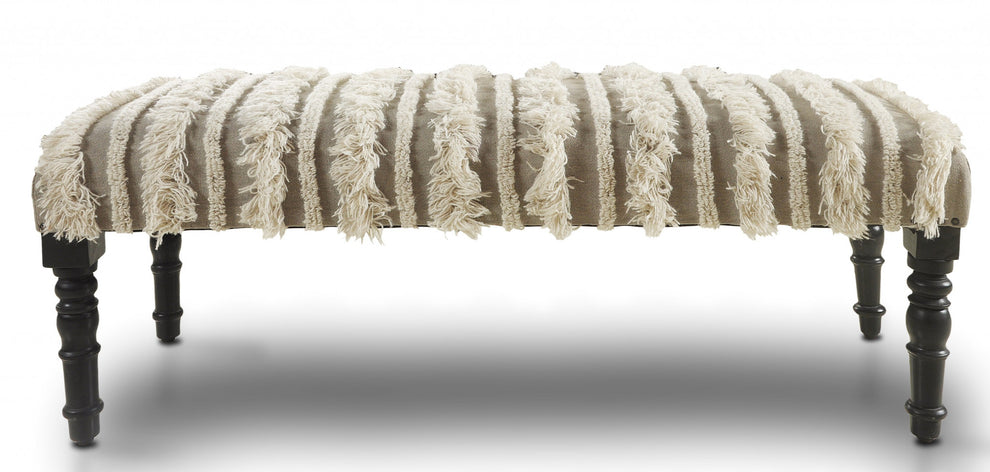 47" Cream Textural Boho Stripe Black Leg Upholstered Bench By Homeroots | Benches | Modishstore - 2