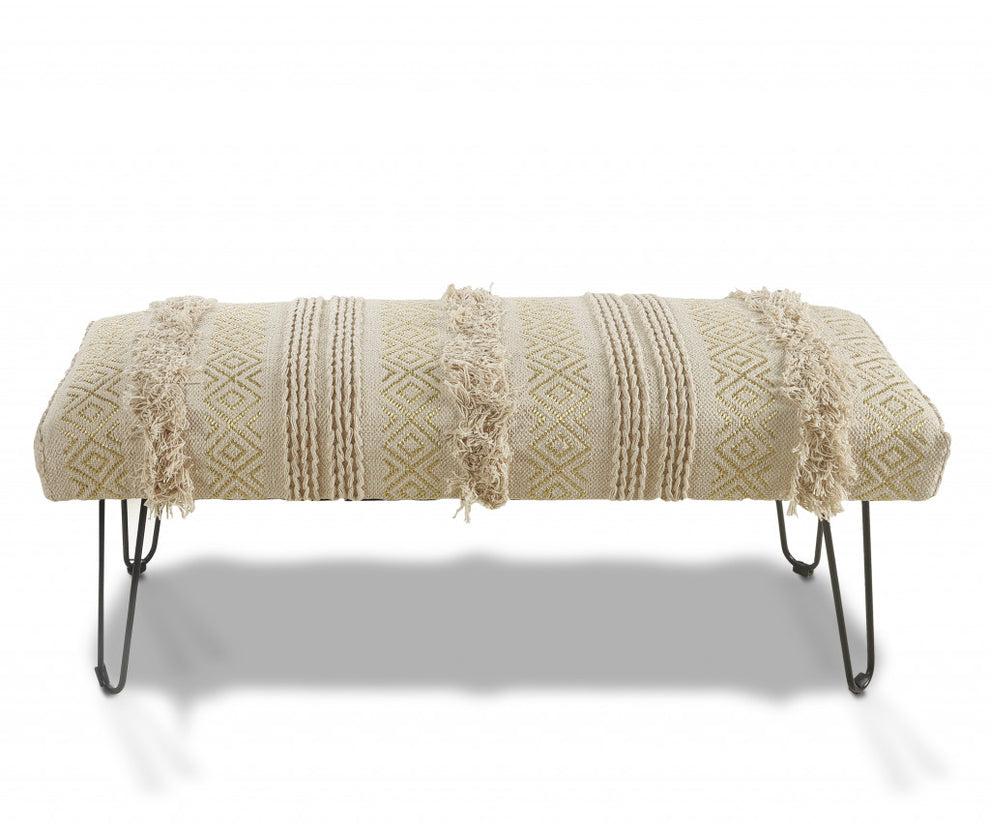 47" Ivory And Gold Geometric Black Leg Upholstered Bench By Homeroots | Benches | Modishstore - 2