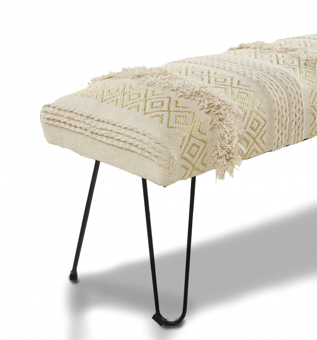 47" Ivory And Gold Geometric Black Leg Upholstered Bench By Homeroots