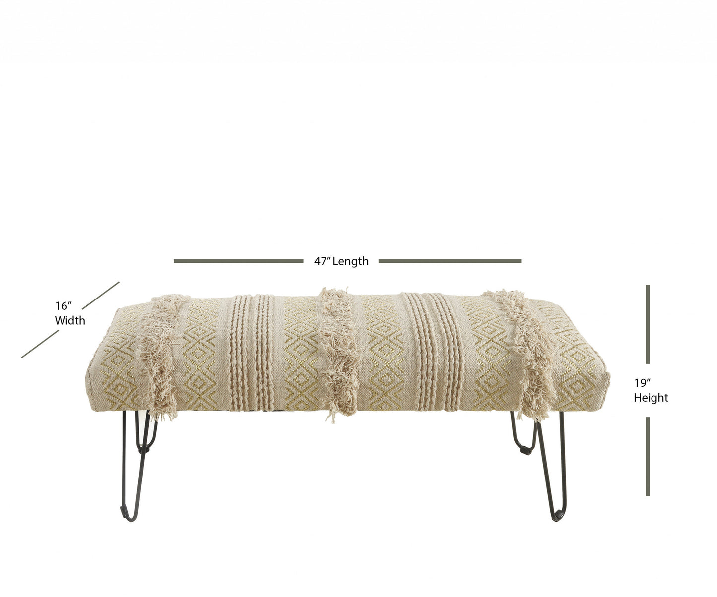 47" Ivory And Gold Geometric Black Leg Upholstered Bench By Homeroots | Benches | Modishstore - 4