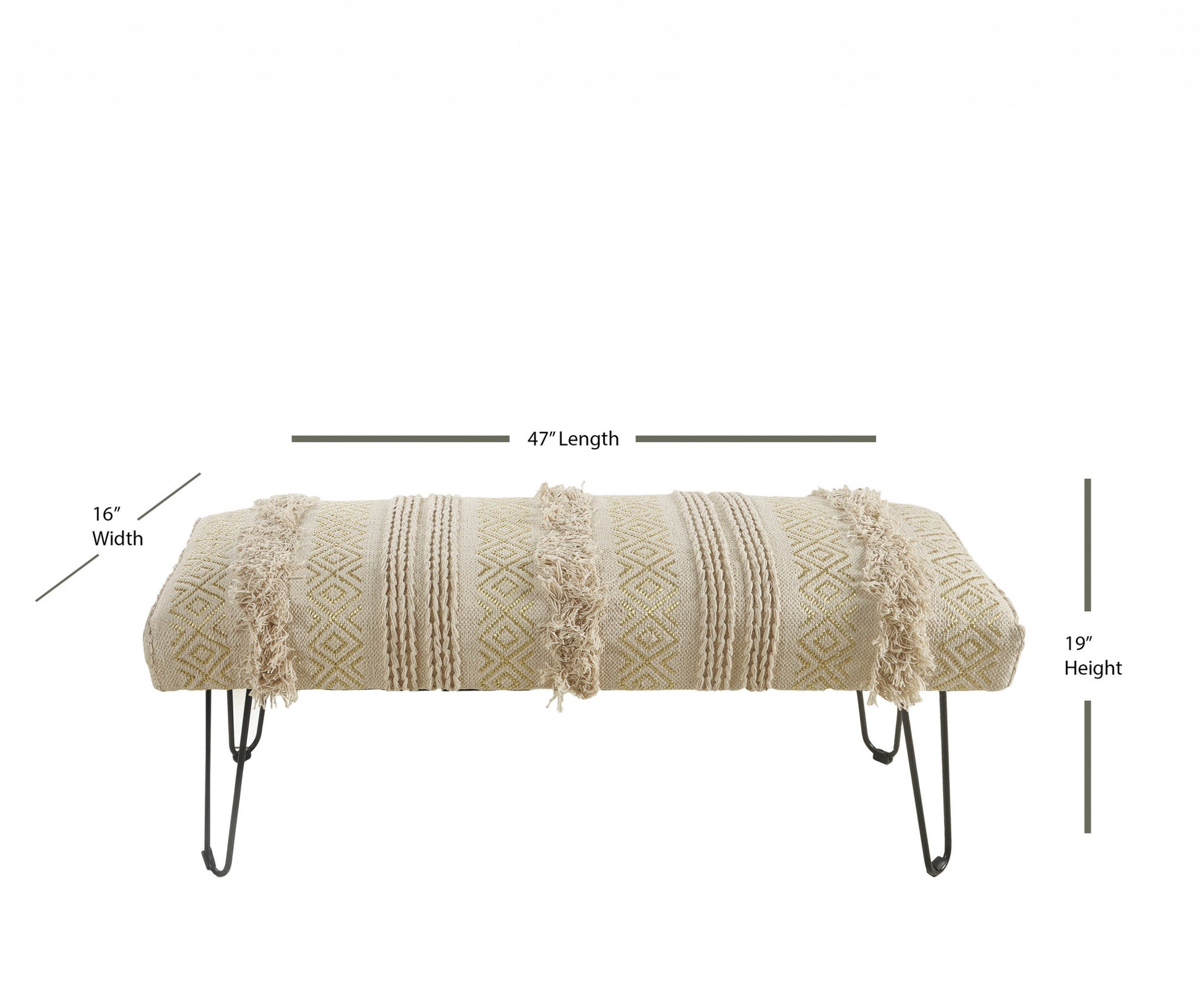 47" Ivory And Gold Geometric Black Leg Upholstered Bench By Homeroots | Benches | Modishstore - 4