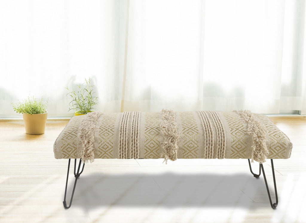 47" Ivory And Gold Geometric Black Leg Upholstered Bench By Homeroots | Benches | Modishstore