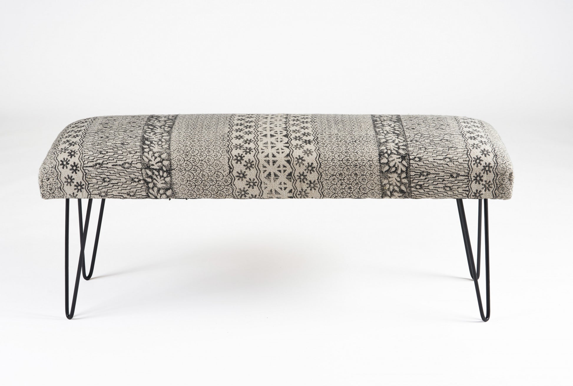 47" Charcoal Gray and White Black Leg Abstract Floral Upholstered Bench By Homeroots | Benches | Modishstore - 2