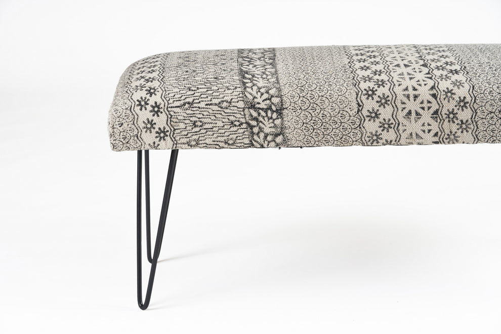 47" Charcoal Gray and White Black Leg Abstract Floral Upholstered Bench By Homeroots | Benches | Modishstore - 4