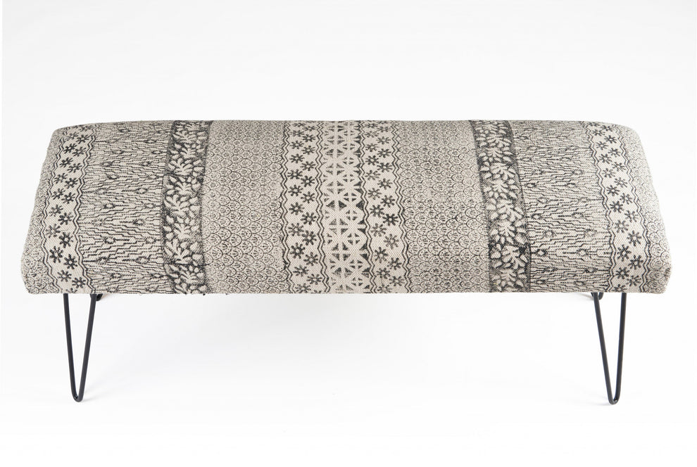 47" Charcoal Gray and White Black Leg Abstract Floral Upholstered Bench By Homeroots | Benches | Modishstore - 3