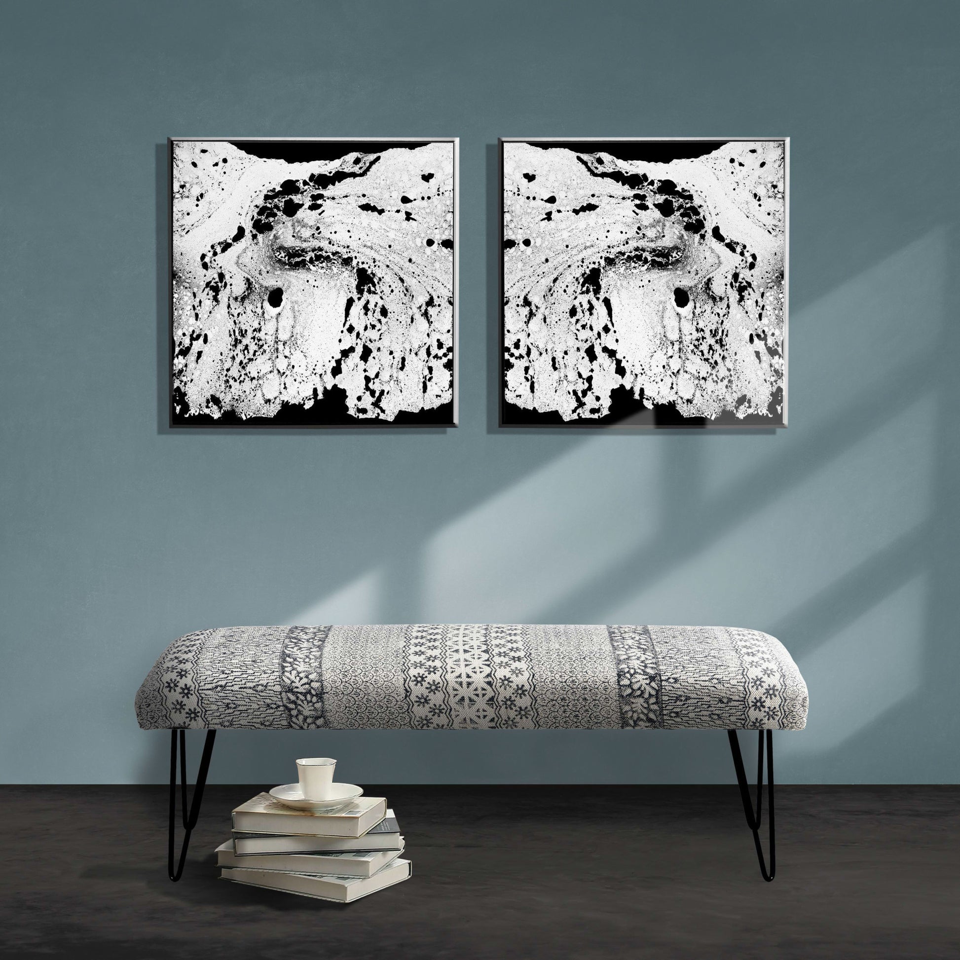 47" Charcoal Gray and White Black Leg Abstract Floral Upholstered Bench By Homeroots | Benches | Modishstore