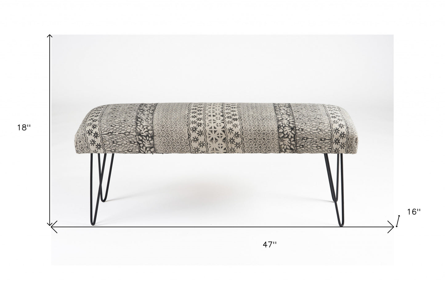 47" Charcoal Gray and White Black Leg Abstract Floral Upholstered Bench By Homeroots | Benches | Modishstore - 7