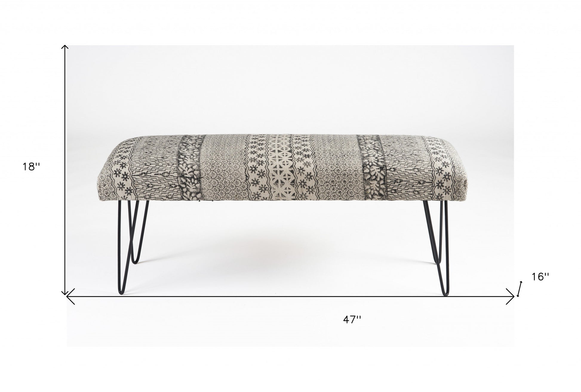 47" Charcoal Gray and White Black Leg Abstract Floral Upholstered Bench By Homeroots | Benches | Modishstore - 7