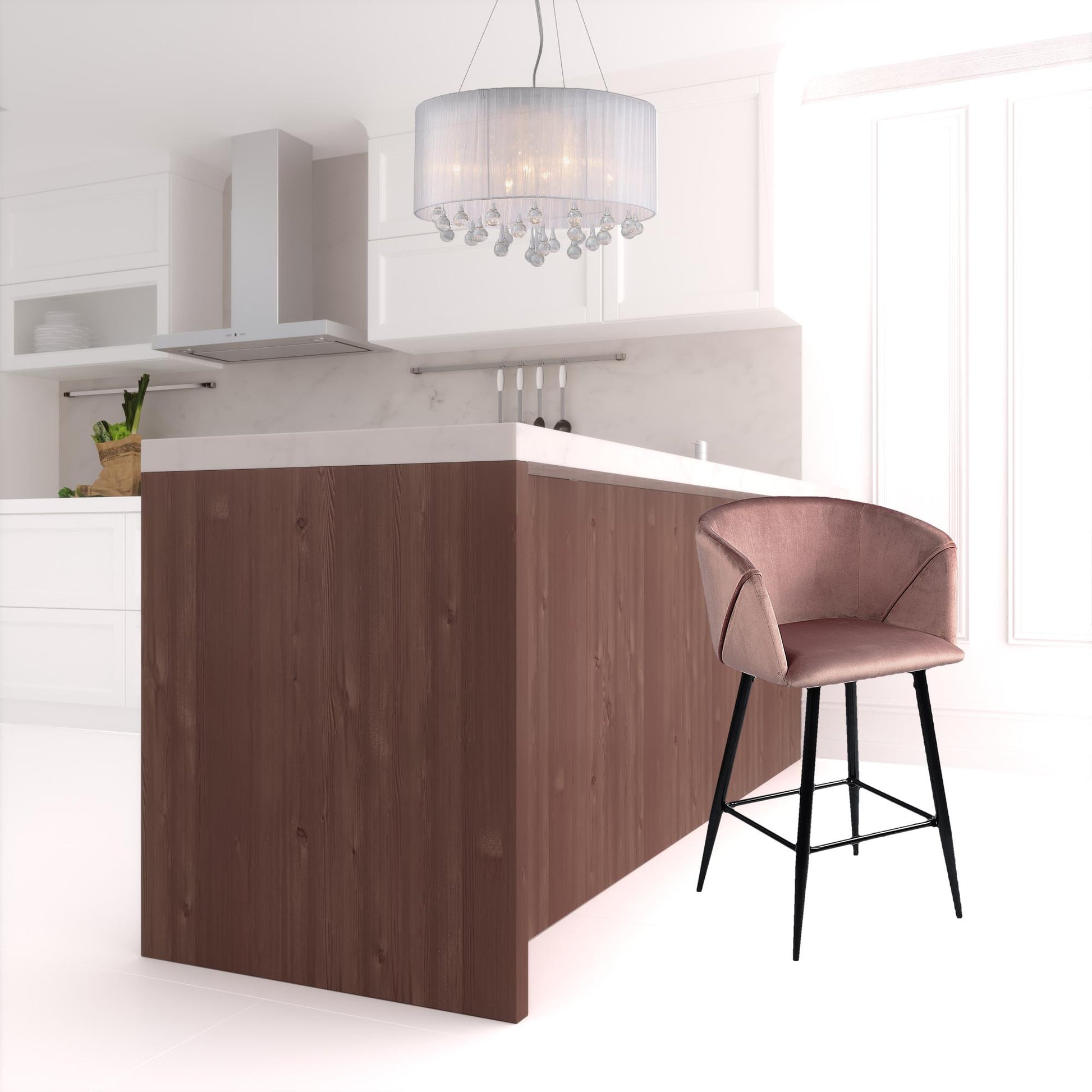 Set Of Two 28" Rose Pink And Black Velvet And Steel Bar Chairs With Footrest By Homeroots | Bar Stools | Modishstore - 3