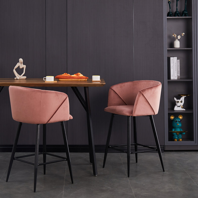 Set Of Two 28" Rose Pink And Black Velvet And Steel Bar Chairs With Footrest By Homeroots | Bar Stools | Modishstore