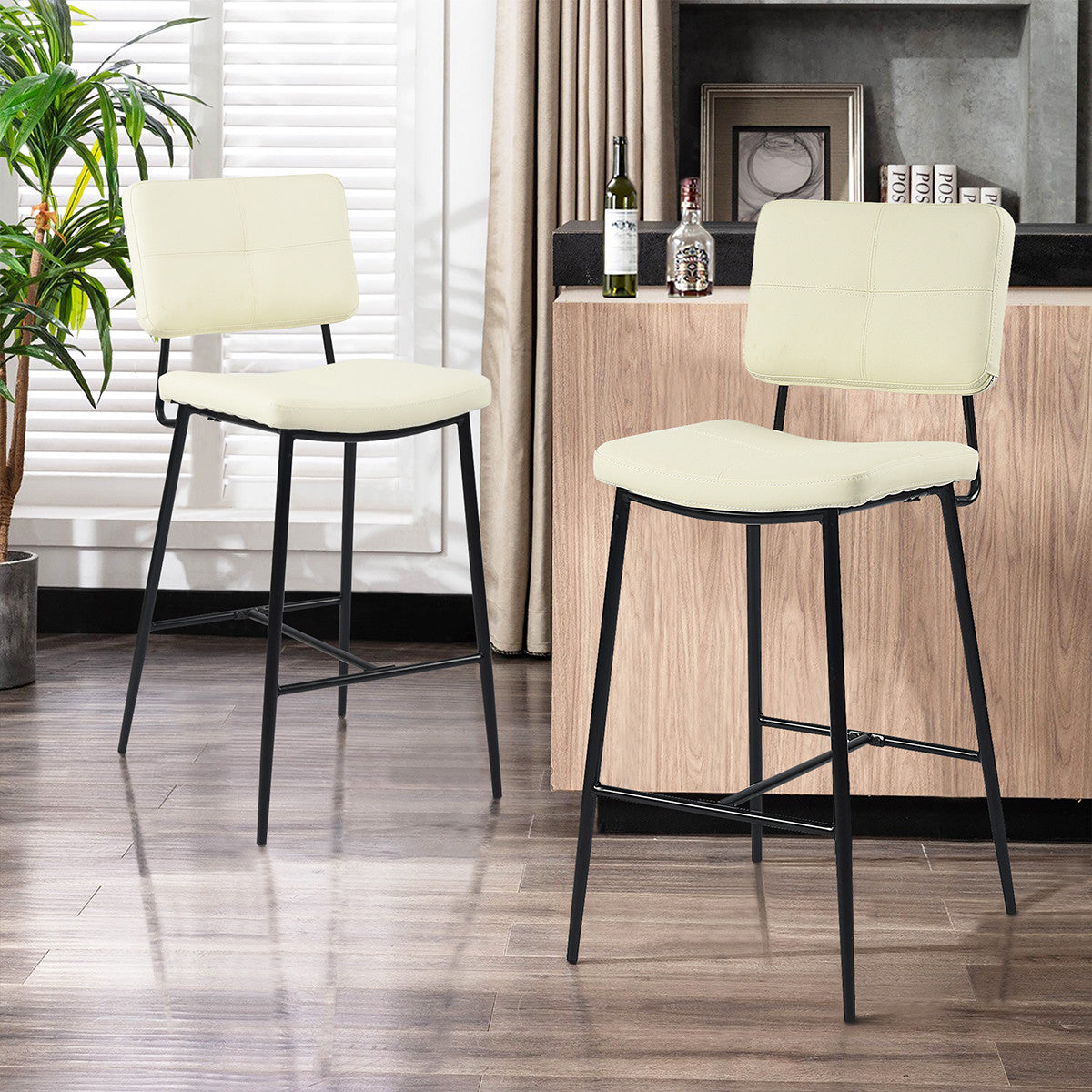 Set Of Two 39" Cream Faux Leather And Black Low Back Bar Height Bar Chairs By Homeroots | Bar Stools | Modishstore