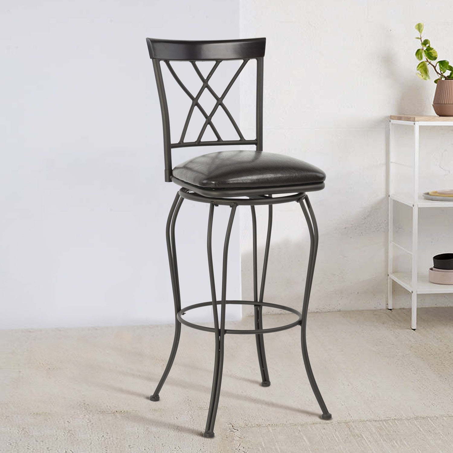 Set Of Two 44" Black Faux Leather Cross Back Bar Height Bar Chairs By Homeroots | Bar Stools | Modishstore