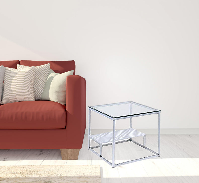 22" Chrome And Clear Glass Square End Table With Shelf By Homeroots | End Tables | Modishstore