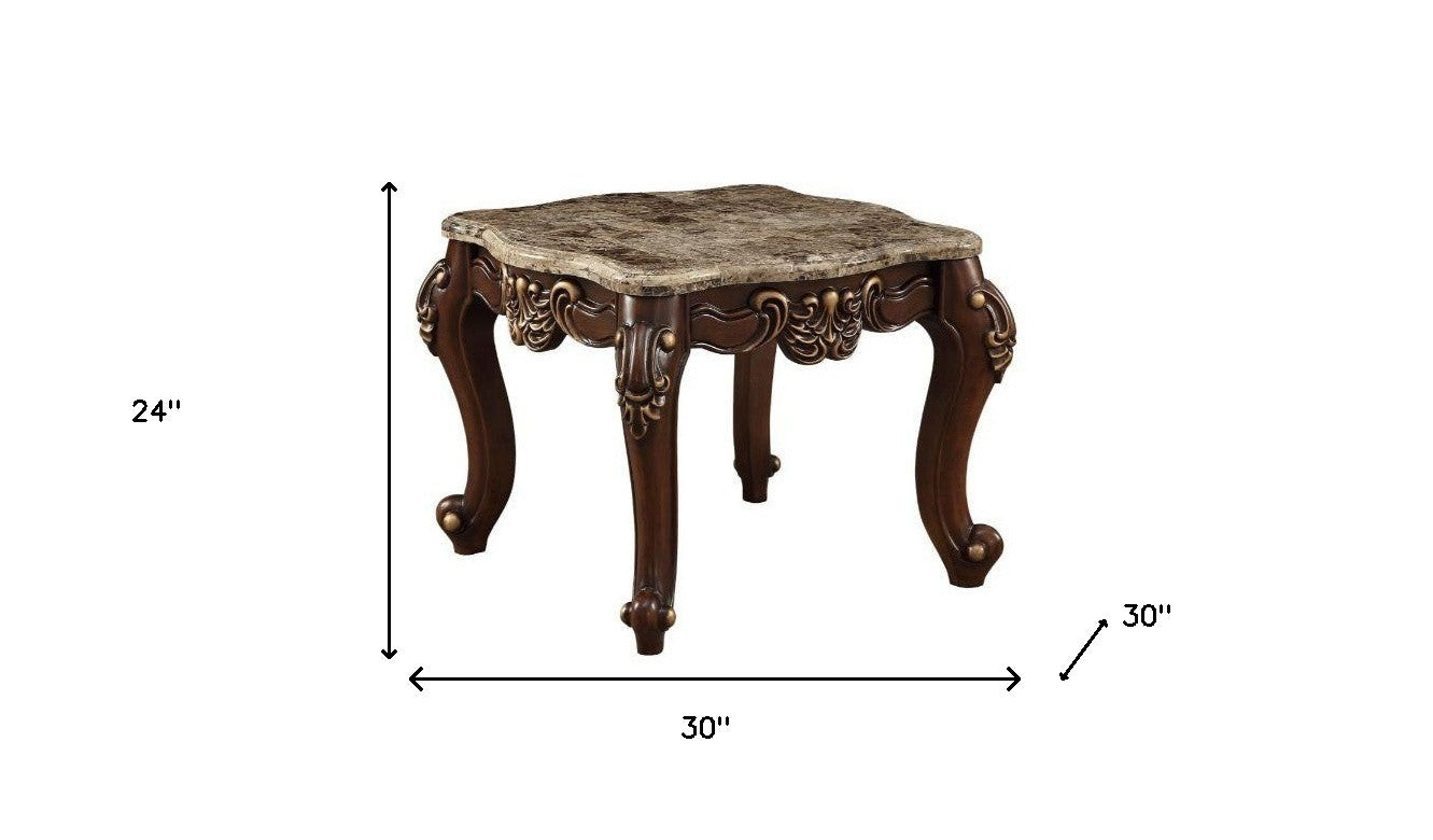 24" Walnut And Marble Marble And Solid Wood Square End Table By Homeroots
