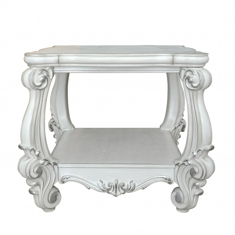 26" Antiqued White Manufactured Wood Square Scroll End Table With Shelf By Homeroots | End Tables | Modishstore - 2