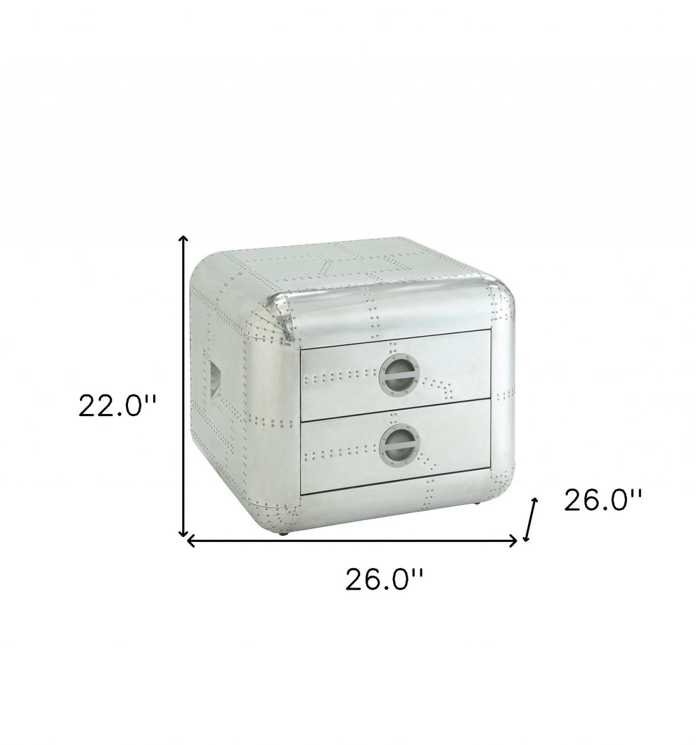 22" Silver Aluminum Aviator Trunk Style Square End Table With Two Drawers By Homeroots | End Tables | Modishstore - 6