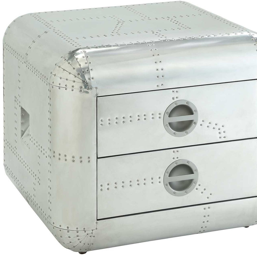 22" Silver Aluminum Aviator Trunk Style Square End Table With Two Drawers By Homeroots | End Tables | Modishstore - 3