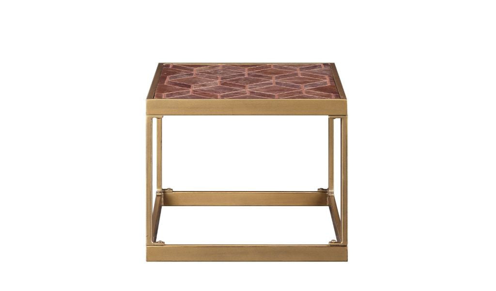 16" Brass And Warm Brown Leather Rectangular End Table By Homeroots | End Tables | Modishstore