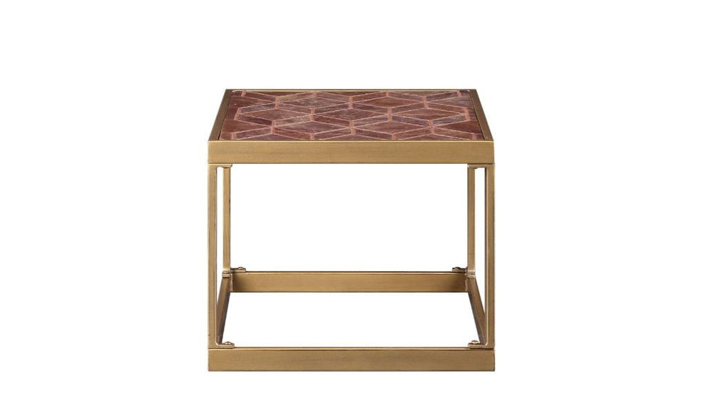 16" Brass And Warm Brown Leather Rectangular End Table By Homeroots | End Tables | Modishstore - 2