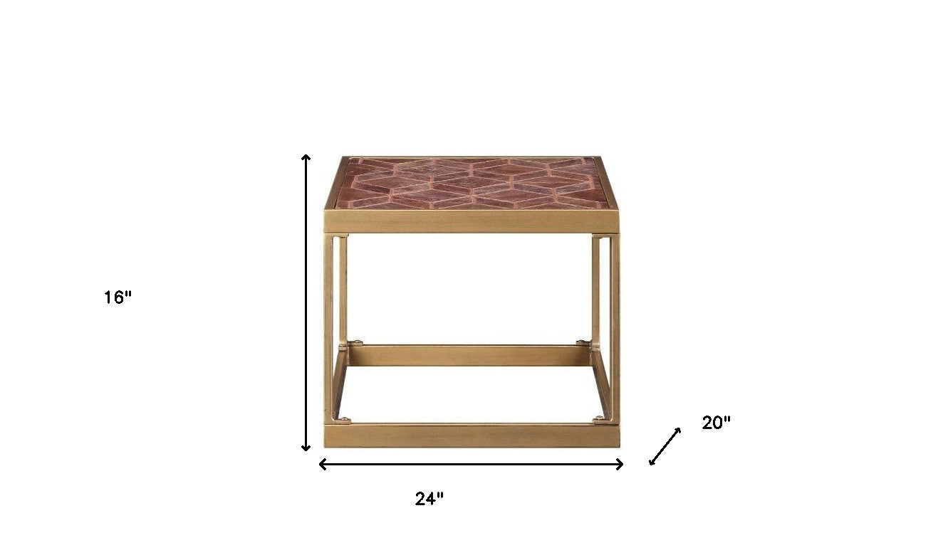 16" Brass And Warm Brown Leather Rectangular End Table By Homeroots | End Tables | Modishstore - 2