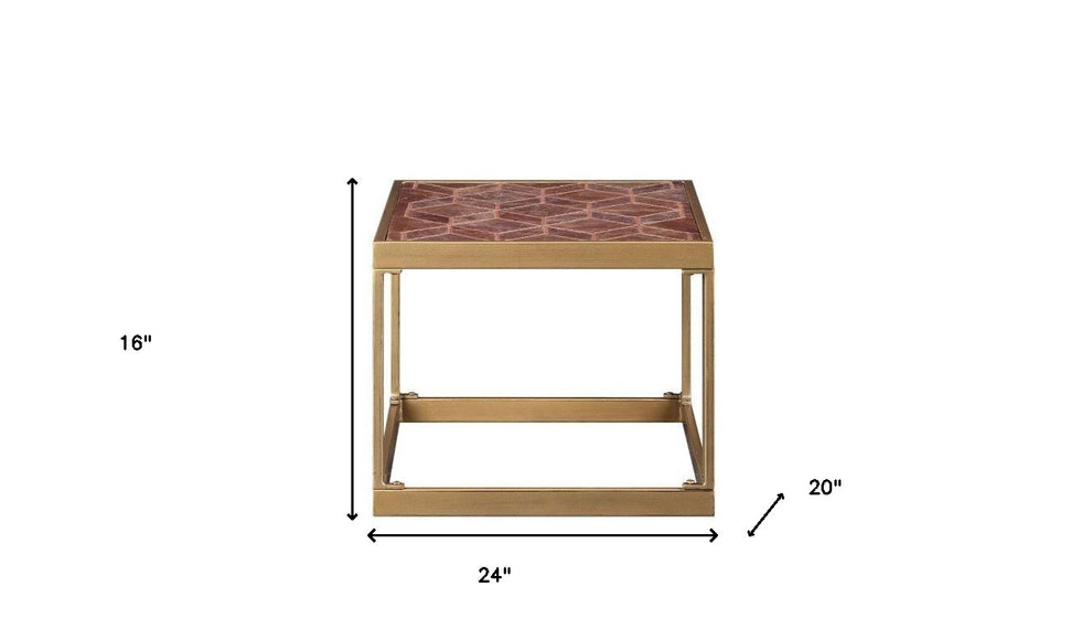 16" Brass And Warm Brown Leather Rectangular End Table By Homeroots | End Tables | Modishstore - 3