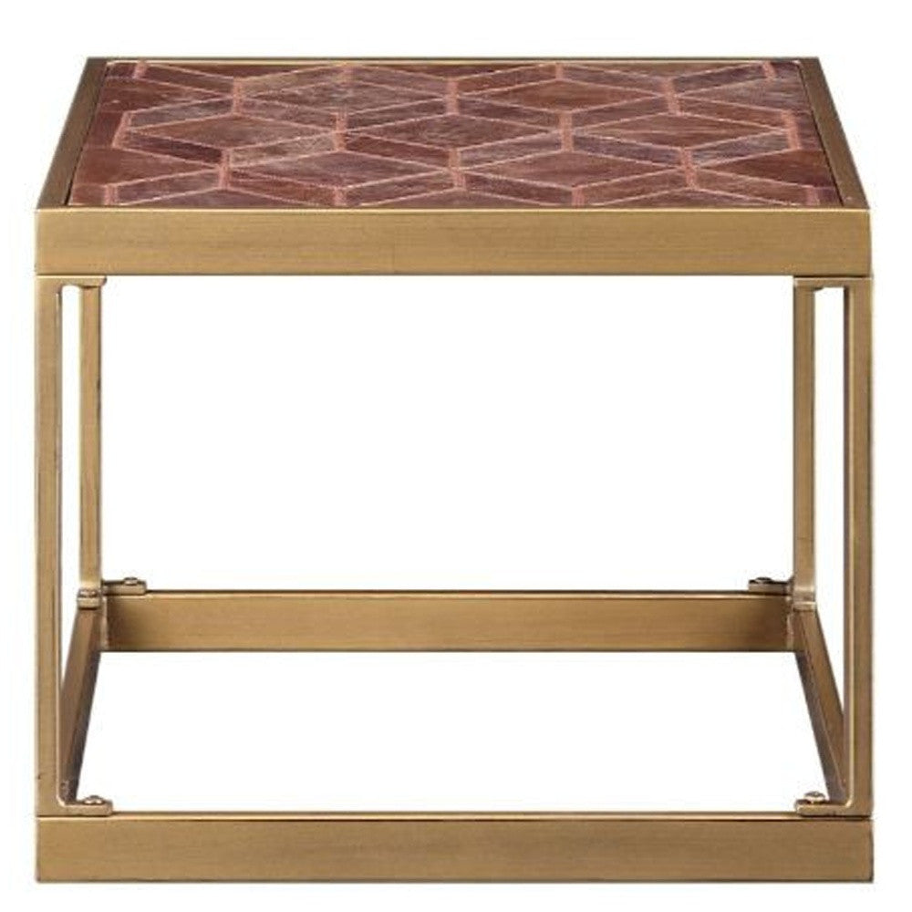 16" Brass And Warm Brown Leather Rectangular End Table By Homeroots | End Tables | Modishstore - 4