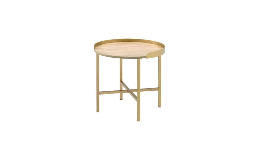 22" Gold And Oak Manufactured Wood And Metal Round End Table By Homeroots | End Tables | Modishstore - 2