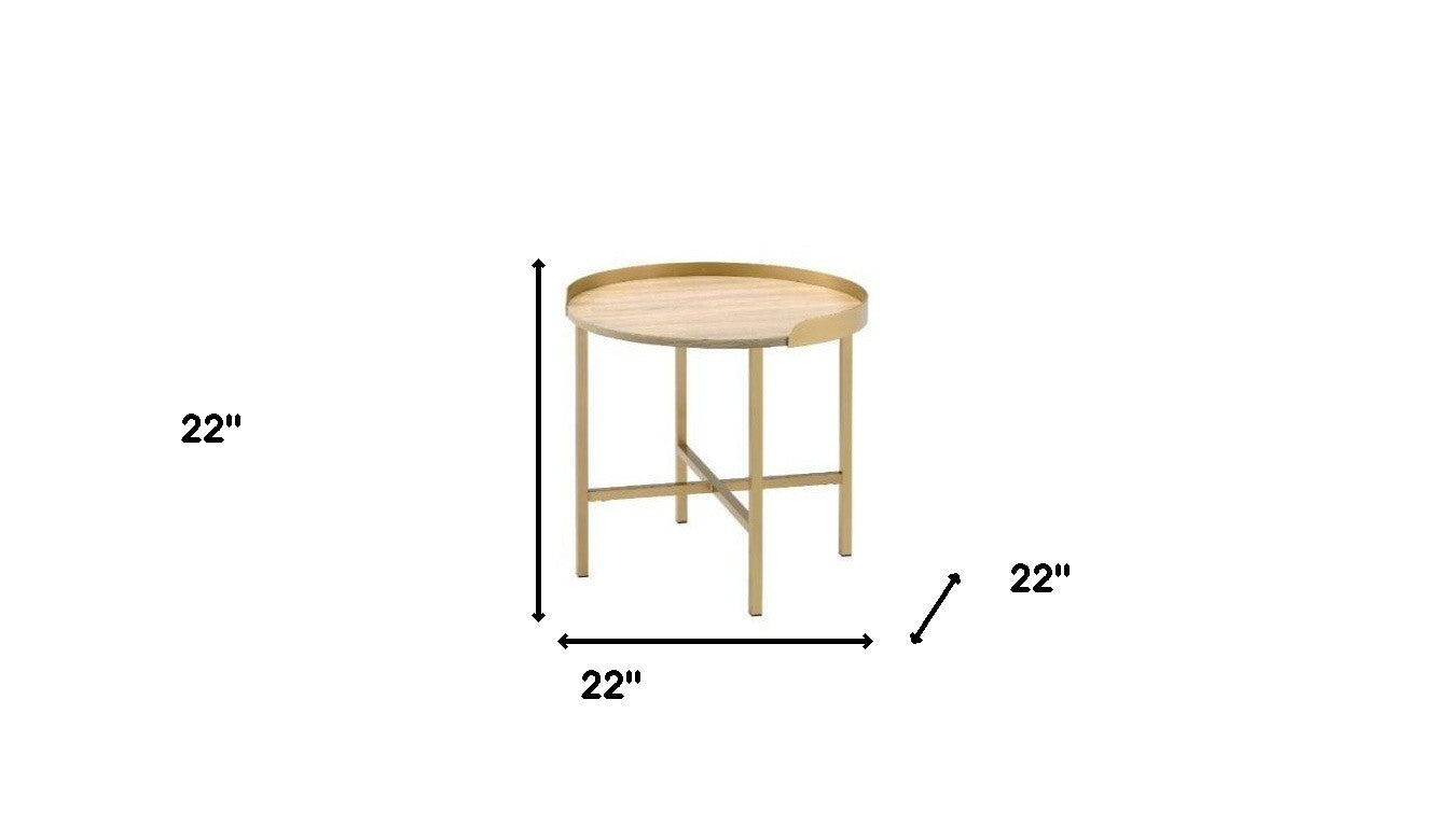 22" Gold And Oak Manufactured Wood And Metal Round End Table By Homeroots | End Tables | Modishstore - 5