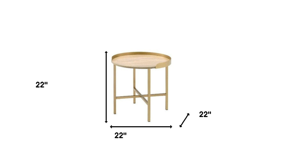 22" Gold And Oak Manufactured Wood And Metal Round End Table By Homeroots | End Tables | Modishstore - 5